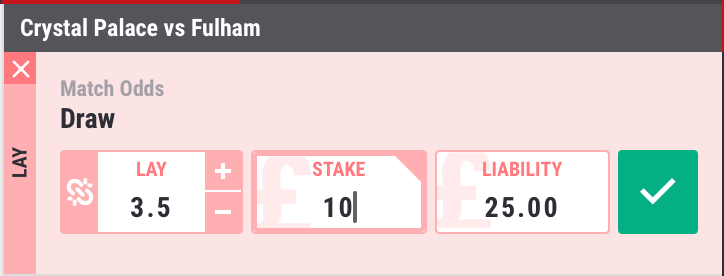 Betslip showing stake of £10 at odds of 3.5 with £25 liability